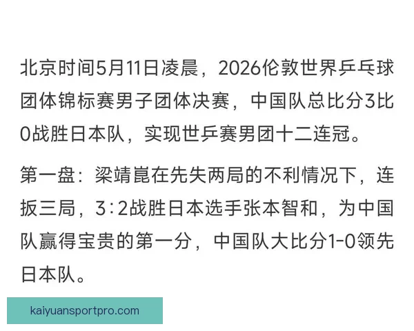中国队力克日本队夺世乒赛男团十二连冠再创辉煌纪录